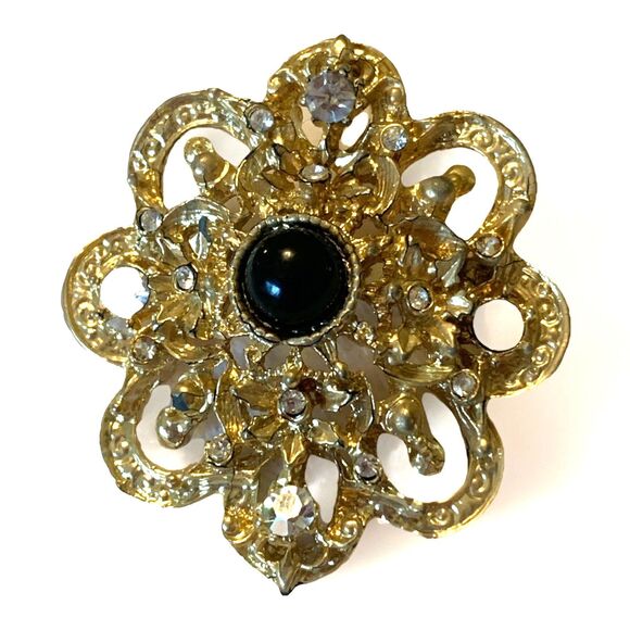 Vintage Victorian Revival Filigree Brooch Gold Tone Black Cab Rhinestones Pin - Picture 1 of 10